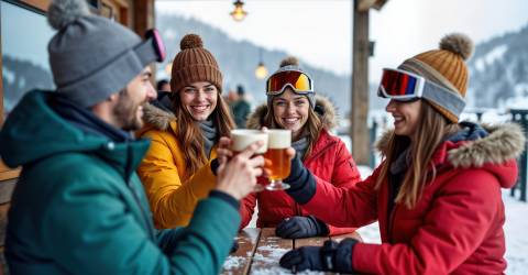 Wintersporters drinken alcohol aan een tafel tijdens het skiën